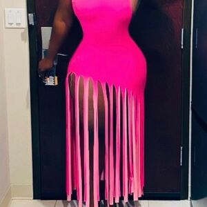 Hot Pink Fringe Bodycon Maxi Dress - Women